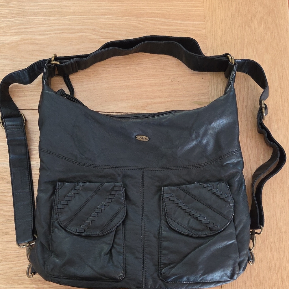 Cargo Black Leather Bag with Gold Accent